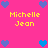 Pixelated pink background with yellow text 'Michelle Jean' and blue/purple heart icons arranged in a pattern