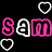 Pixelated text 'SAMSAM' in alternating pink and white block letters with four heart shapes on a black background.
