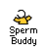 Pixelated yellow cartoon character with white smoke plume and text "Sperm Buddy" on gray background, two sampled frames showing identical static content.