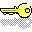 Yellow pixelated key with black outline and white checkered pattern on head, animated across showing sequential disassembly into separate parts