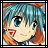 A pixelated anime-style character icon with teal hair and a black background featuring stylized text.