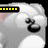 Pixelated cartoon animal with pink inner ears and black mouth, displaying changing text bars and symbols across six
