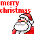 Pixelated Santa Claus figure with red hat and white beard, holding a gift bag under 'merry christmas' text in blocky red letters.