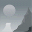 Pixelated grayscale scene with large circular moon, white structure, and dark mountain silhouette against gradient sky.