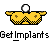 Pixelated yellow crown with black checkered border and brown crosses, topped by a white sphere on gray background; below is pixelated text reading "Get Implants".