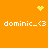Pixelated orange background with white text 'dominic_<(3' repeated four times, yellow heart and starburst icons at top corners.