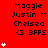 Red background displays repeated text "Maggie Justin M Chelsea <3 BFPS" with white heart icons varying in quantity per