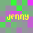 Pixelated yellow text 'Jenny' appears four times on a of green, purple, and gray squares