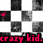 A static pixelated icon with a black-and-white checkered background, featuring a small red heart in the top-left quadrant and bold pink text reading 'crazy kid.' at the bottom.