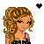 Pixel art contact sheet showing a female character with curly blonde hair in various poses and outfits, accompanied by handwritten text elements on a white background with black hearts.
