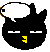 Black pixelated cat head with closed eyes and yellow beak-like mouth, white speech bubble containing black squares changing from one to three to six across frames.