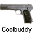 Static pixel art icon of a silver pistol with black grip and trigger guard, positioned horizontally above the text "Coolbuddy" in blocky font on white background.