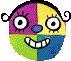 Two identical pixelated circular faces with purple, yellow, green, and blue quadrants; each has large white eyes with black pupils, a small blue nose, wide grinning teeth, and curly side hair.