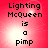 Red background with pixelated text reading "Lighting McQueen is a pimp" in black, featuring a bright white glow effect behind the text.