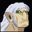 Pixel art of a character with white hair, green eyes, and pointed ears against black background.