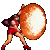Pixelated character in red outfit pushing large glowing orange sphere that changes shape across frames.