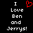 Black background with white pixelated text reading "I Love Ben and Jerrys!" in two identical vertical , each containing a red heart symbol replacing the word "Love."
