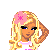 Animated contact sheet of a pixel art character with blonde hair and pink accessories, showing multiple frames including full-body poses, star-shaped text overlays, and partial body views.