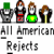 A 2x2 contact sheet of four animated frames showing pixelated cartoon characters and purple text on a black background, with the left side displaying "All American Rejects" in gray text.