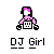 Pixel art of a character with pink hair and headphones holding a white DJ controller, labeled "DJ Girl" below.
