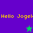 Pixelated text "Hello Joge" repeats across two color-blocked sections with a star symbol changing between green and purple.