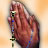 Pixelated static image of a figure with long hair holding an object against a light gradient background.
