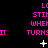 A black background displays repeated pink text 'L( STII WHET TURNIT' with white symbols changing across three : a plus sign, then dots, then small circles
