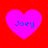 Four identical pink hearts on red background, each containing blue text "Joey" in pixelated font.