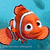 Pixelated orange clownfish with white stripes swims against blue background, displaying slight head rotation across frames.