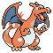 Pixelated orange dragon with blue wings and white underbelly in various poses on gray background.