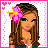 Pixel art contact sheet showing a female character's full body, torso, legs, and close-up with pink floral hair accessory and 'summer'/'sweetie' text elements on white background with pink dotted borders.