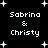 Black background with white pixelated text "Sabrina & Christy" and scattered star shapes in a