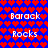 Blue background with red heart pattern; white text 'Barack' and 'Rocks' repeated in ; pixelated text with red and white color scheme