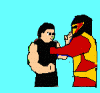 Animated sequence of two cartoon figures in a martial arts exchange against a light blue background, showing hand-to-hand combat poses.
