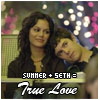 Two people pose closely together with a blurred background of lights and pink shapes, overlaid with text reading "SUMMER + SETH = True Love".