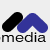 Black and blue abstract shapes above the word 'media' in pixelated gray text on a white background.