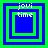 Four square display layered green and blue borders with "jovi time" text, showing varying border thicknesses across the