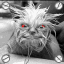 Pixelated grayscale image of a monstrous figure with glowing red eyes, spiky hair-like protrusions, and four circular white symbols on the background.