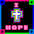 Pixelated of four and four featuring white crosses with multicolored outlines on black backgrounds, bordered by blue vertical lines and green squares