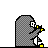 Pixelated penguin character with gray body, yellow beak, and white belly holding a small yellow object against changing green backgrounds.