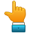 Pixelated orange hand icon with extended index finger, wearing blue cuff with white shirt collar, on solid gray background.
