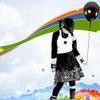 A pixelated figure in a black-and-white outfit holds a dark balloon under a rainbow arc against a cloudy sky.