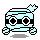 Pixelated light blue mummy-like figure with black bandages, large circular eyes, and four rounded limbs on gray background.