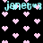 Pixelated cyan text 'janet*3' repeats across a black background filled with pink heart shapes, some of which shift position between frames.
