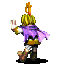 Pixelated character with golden crown and purple cape, back view showing raised hand gesture against gray background.