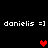 Pixelated text 'danielis =]' repeated four times on black background with three red heart symbols in different positions.