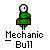 Pixelated green figure with white head sits on brown chair, text "Mechanic Bull" below; animation shows figure detaching from chair and moving right.
