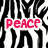 Black-and-white zebra-stripe pattern with red text 'Peace', 'Love', and 'Zebra' in pixelated font, plus a small red heart symbol.