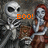 Pixelated image of a skeleton and a woman with red hair holding a brown object, orange text 'BOO!' in the center.