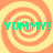 Four identical pixelated spiral patterns in orange and yellow with green text reading 'YUMMY!' overlaid on each spiral.